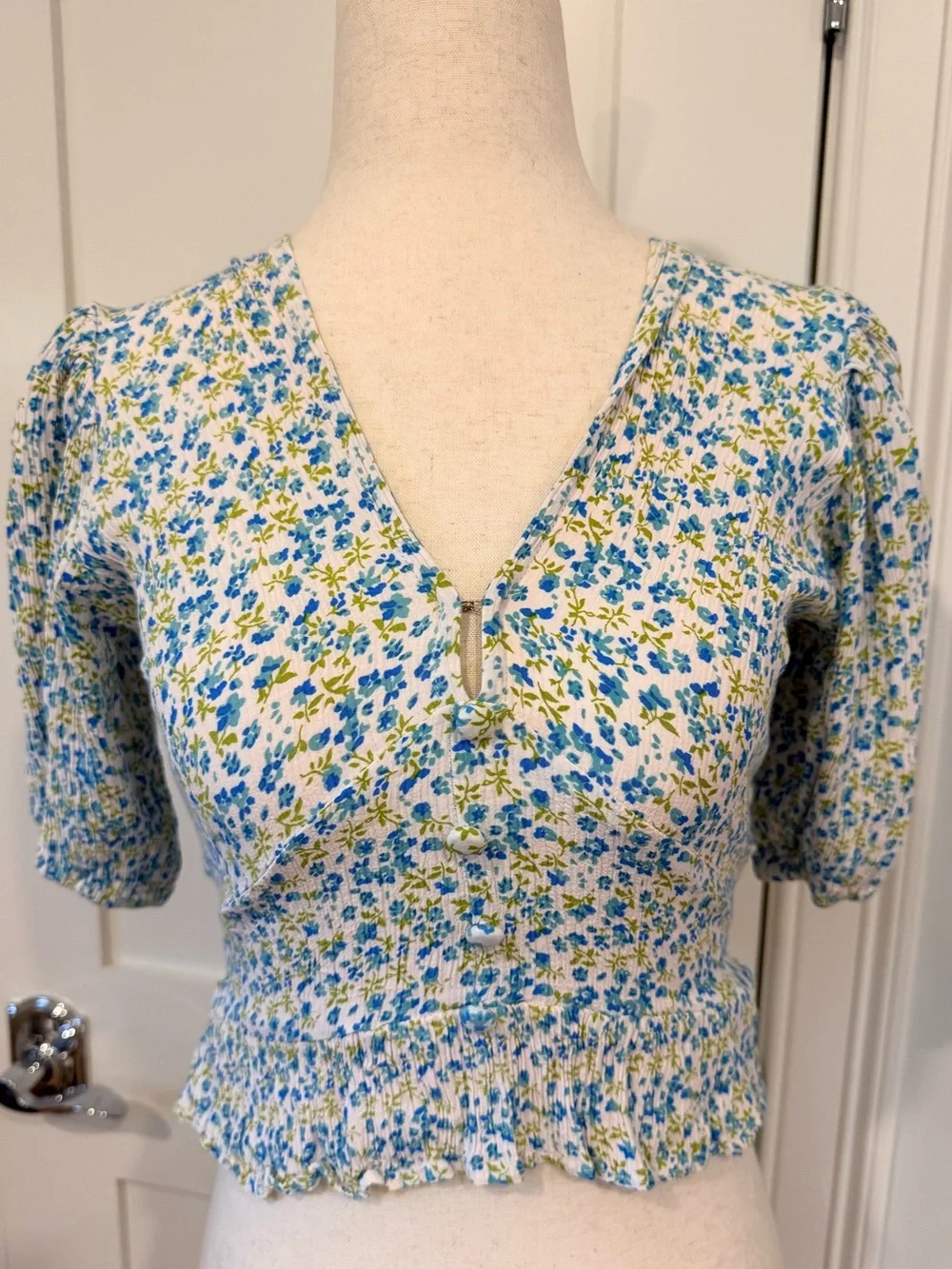Faithfull the Brand Mona Blue and White Floral V-Neck Peplum Blouse